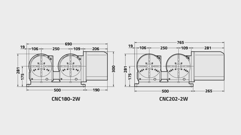 Technisches Diagramm des Drehtischs CNC180-2W