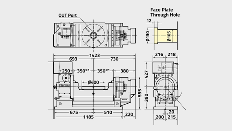 5AX-T400 5. Achse Drehtisch Technisches Diagramm